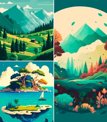 four different landscapes with trees and mountains in the middle one is blue, the other has green