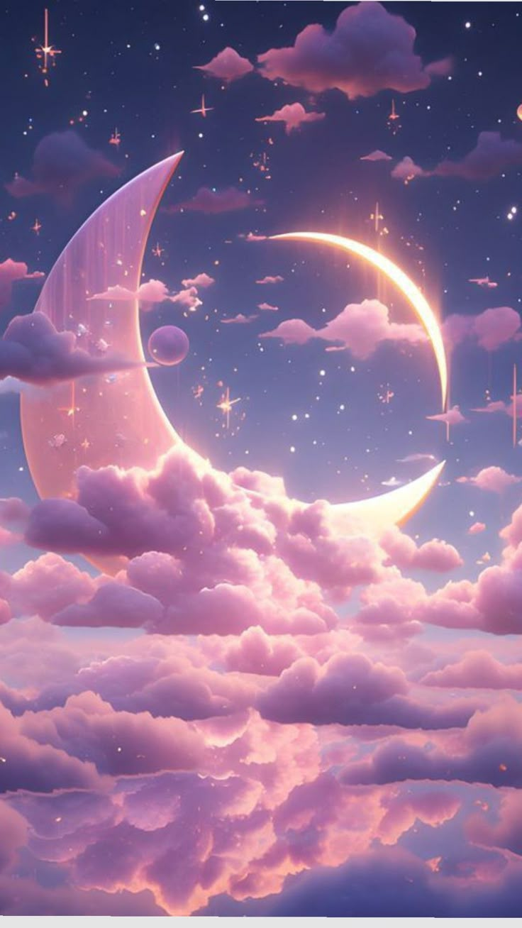 a crescent moon in the sky with clouds and stars around it, as if to be floating