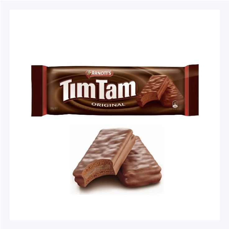 a chocolate bar with the word tim tam written on it and an image of two pieces of peanut butter