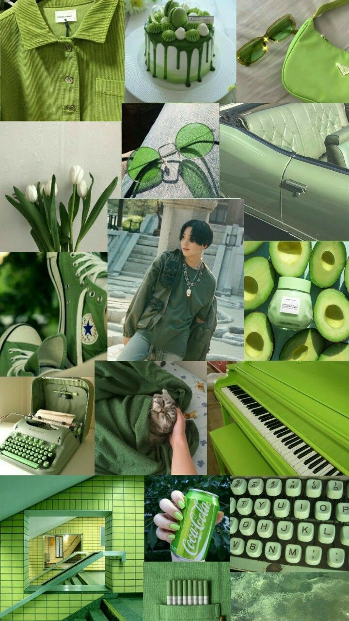 a collage of green and white images including a man in uniform with a keyboard