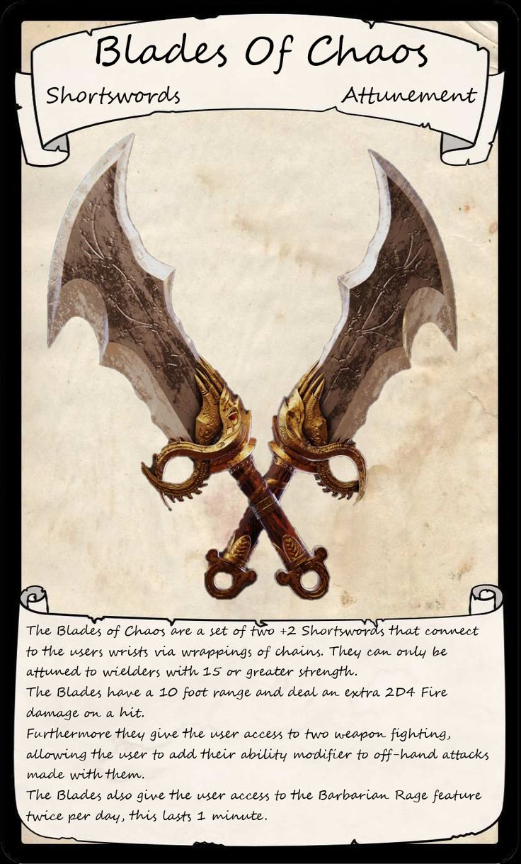 an advertisement for blades of chaos showing two crossed swords with wings on them and the text above it