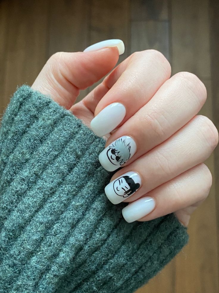 Cute Nail Designs Anime, Anime Nail Designs For Short Nails, Anime Nails Art Jujutsu Kaisen, Jujutsu Kaisen Nails Acrylic, Satosugu Nail Art, Cute Nails Anime, Anime Nail Inspiration, Gojo Nail Ideas, Anime Nail Ideas Jujutsu Kaisen