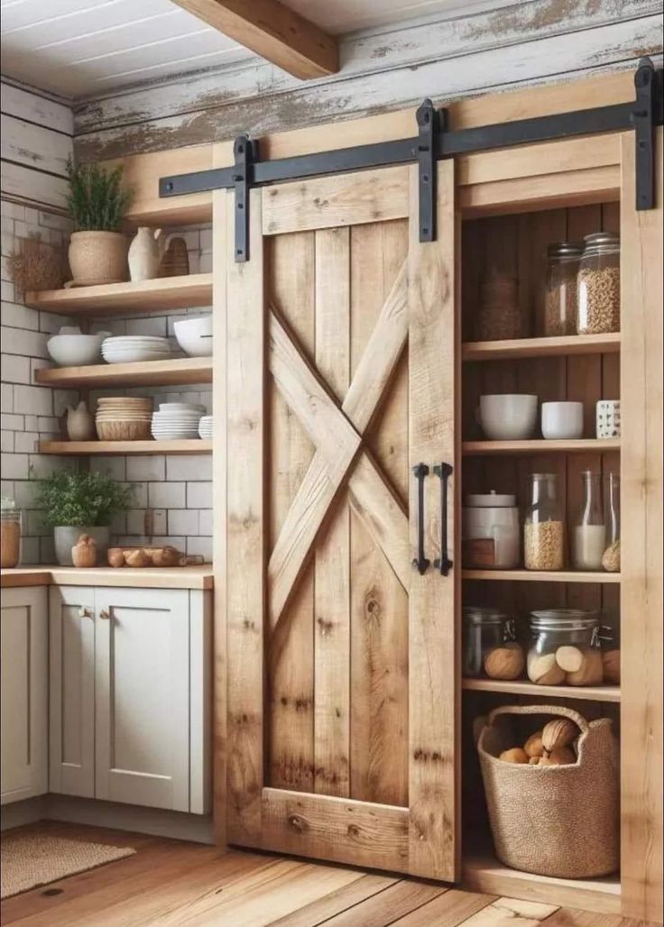 an open barn door in a kitchen with wooden floors and shelves filled with food items