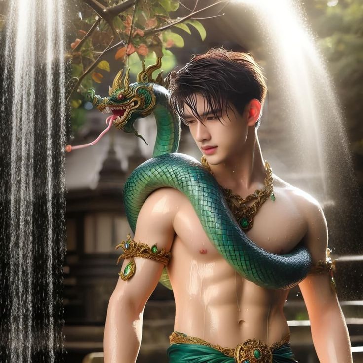 a man with a green snake on his chest and arms wrapped around him, standing in front of a fountain