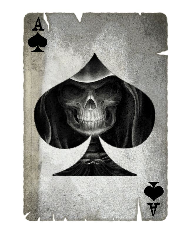 a playing card with a skull in the middle and two spades at the top