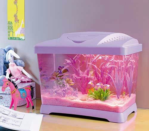 a pink and purple fish tank sitting on top of a desk next to a toy horse