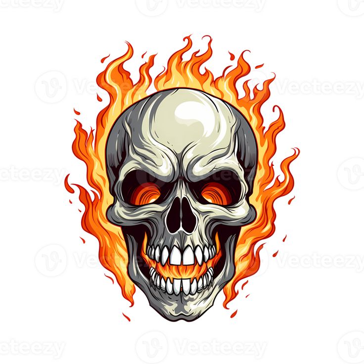 a skull with flames on it's face