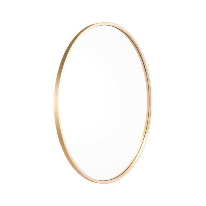 an oval mirror is shown against a white background and has gold trim around the edges