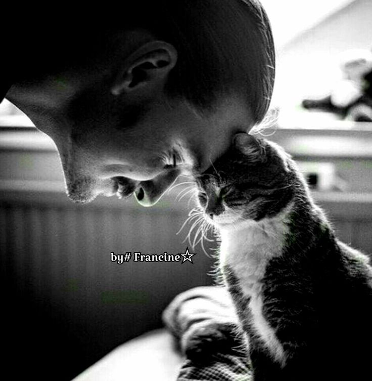 a black and white photo of a man kissing a cat