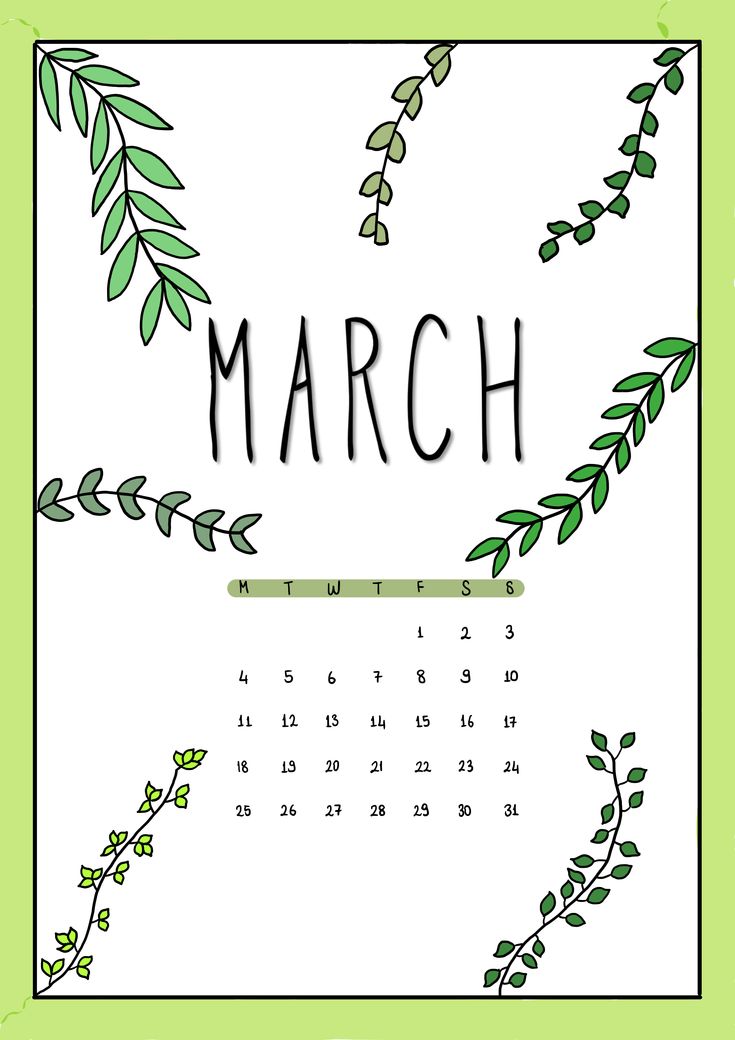 a calendar with the word march written in black and green ink on a white background