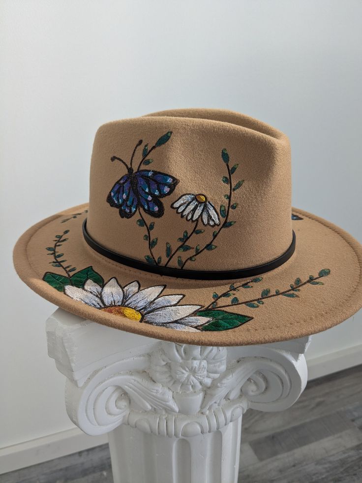 Hand etched and painted hats available in custom orders as well. Make wonderful gifts! Painted Hats, Custom Orders, Fedora, Caps Hats, Accessories Hats, Art Collection, Bathing Beauties, Accessory Gift, Pet Supplies