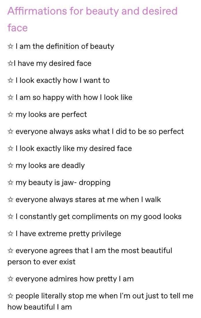 an affirmation for beauty and desired face is shown in this screenshote