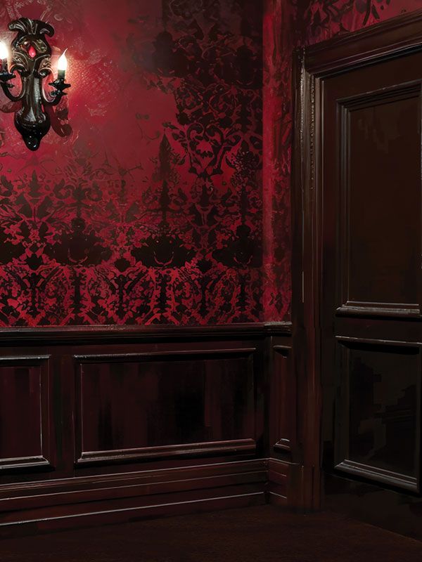 Victorian Gothic Sconce and Red Damask Photography Backdrop - Victorian gothic backdrop with dark wood paneling Red Victorian Wallpaper, Red Damask Wallpaper, Gothic Romance Aesthetic, Dark Wood Paneling, Witchy Whimsical, Goth Ideas, Victorian Circus, Moody Victorian, Dramatic Photography