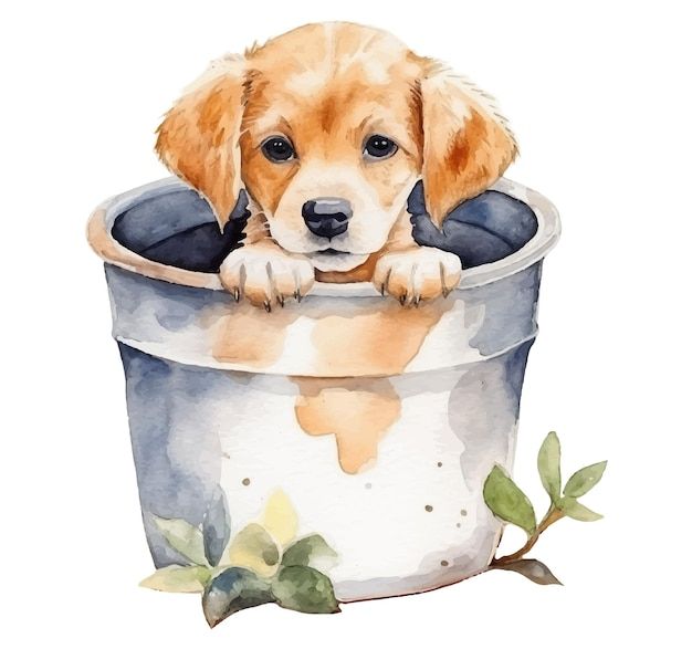 a watercolor painting of a puppy in a flower pot with his paws on the edge