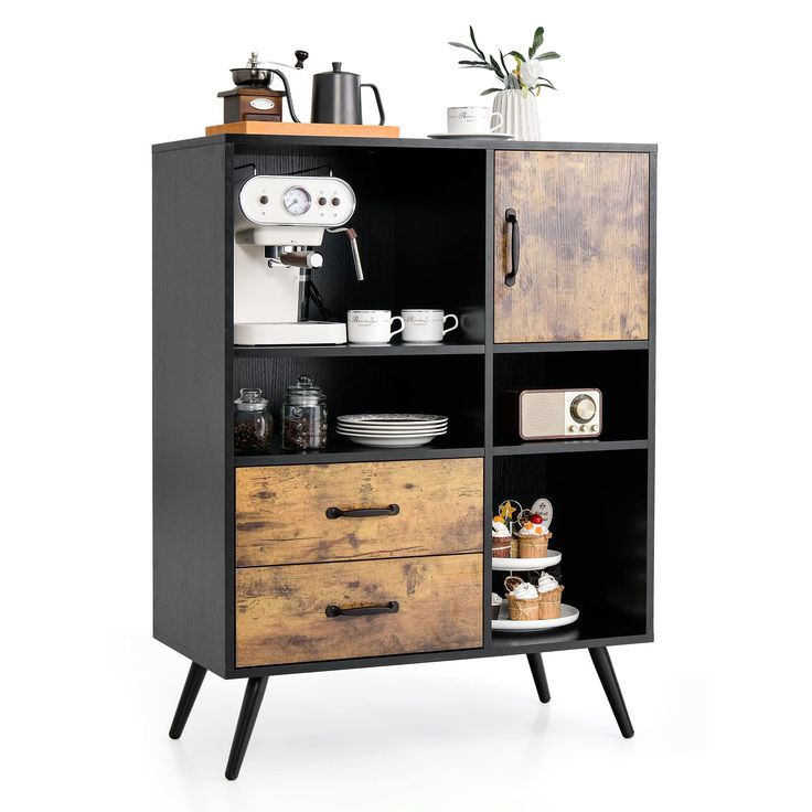 PRICES MAY VARY. [Buffet Cabinet with Plenty of Storage]: The buffet cabinet can serve as a handy storage organizer to keep tableware, utensils, small appliances and other essentials in order. There is a spacious tabletop and 4 open compartments for frequently-used items, and a single-door cabinet and 2 pull-out drawers for unsightly or private sundries. [Sturdy Construction with Anti-toppling Device]: The floor cabinet is fitted with 4 sturdy metal legs, which provide reliable support and large Industrial Buffet, Mid Century Buffet, Sideboard Storage Cabinet, Freestanding Kitchen, Buffet Sideboard, Kitchen Sideboard, Buffets & Sideboards, Interior Dimensions, 110 Lbs