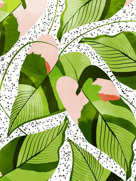 a painting of pink and green leaves on a white background