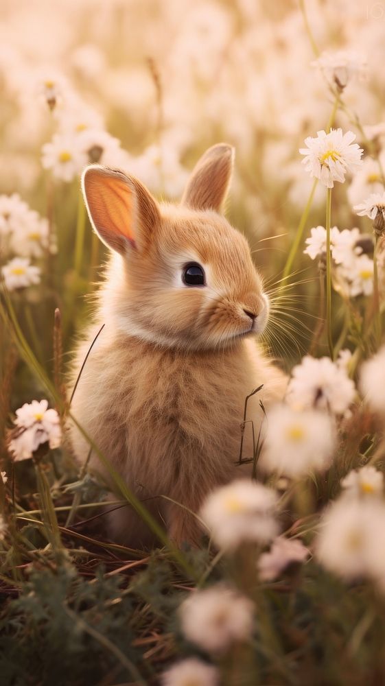 a little bunny sitting in the middle of some daisies and looking at the camera