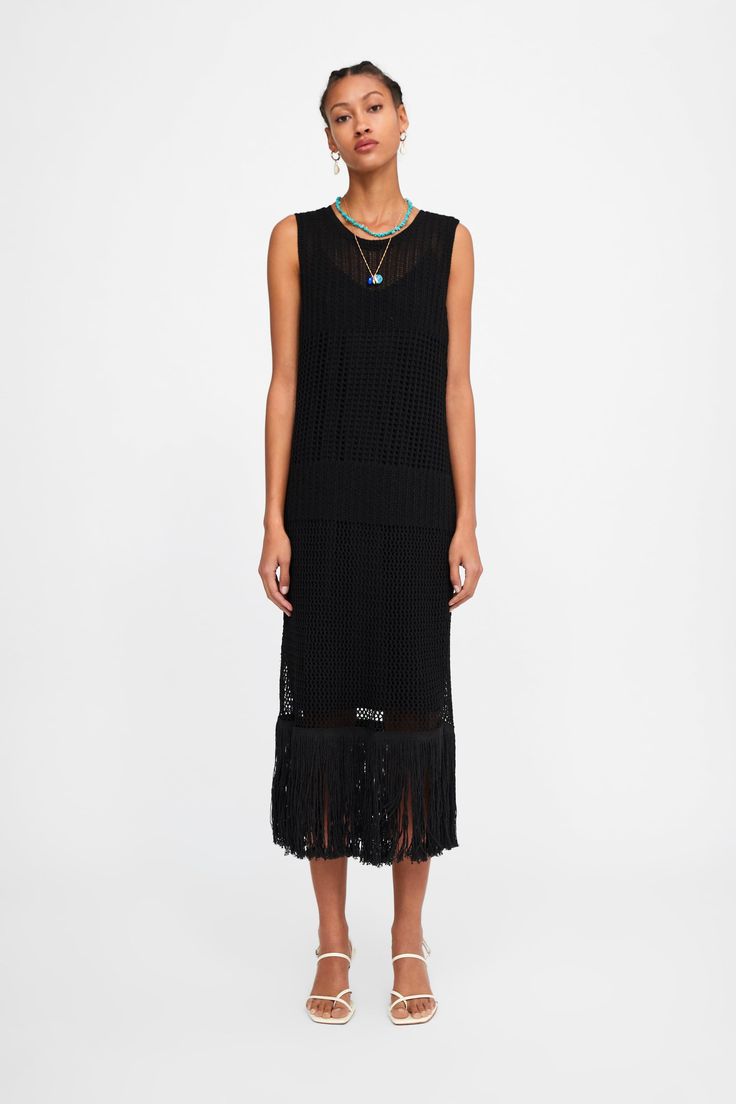 Image 1 of LONG FRINGED DRESS from Zara Tulle Jumpsuit, Zara Store, Fringed Dress, Zara Black Dress, Zara Outfit, Fitted Jumpsuit, Hijab Dress, Long Jumpsuits, Trending Dresses