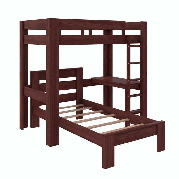 a wooden bunk bed frame with no mattress