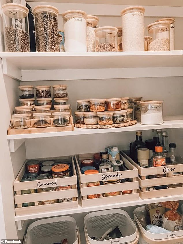 an organized pantry filled with lots of food and storage bins on top of shelves