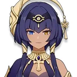 an anime character with blue hair and gold jewelry on her head, wearing a purple outfit