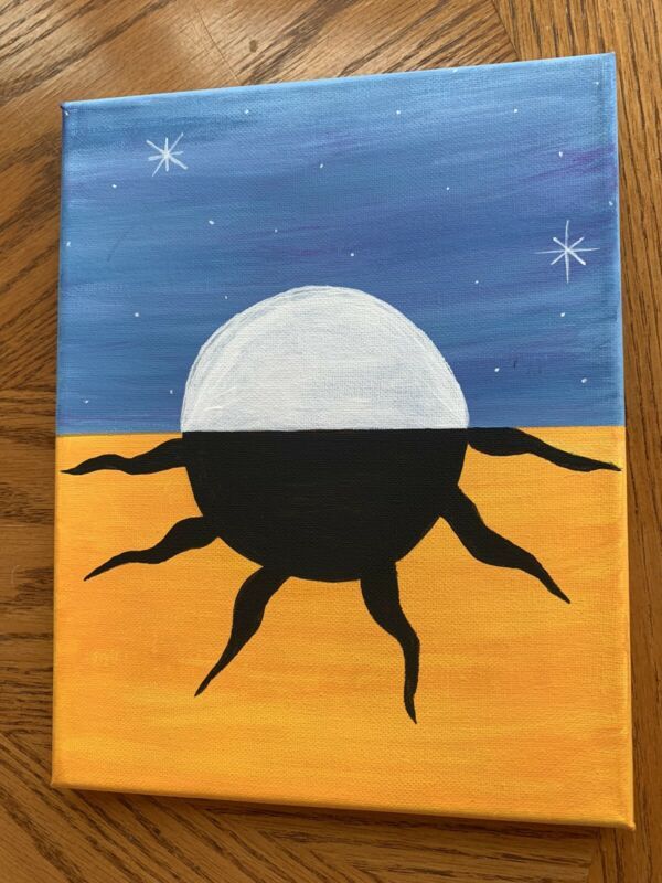 an acrylic painting of a sun with stars in the sky