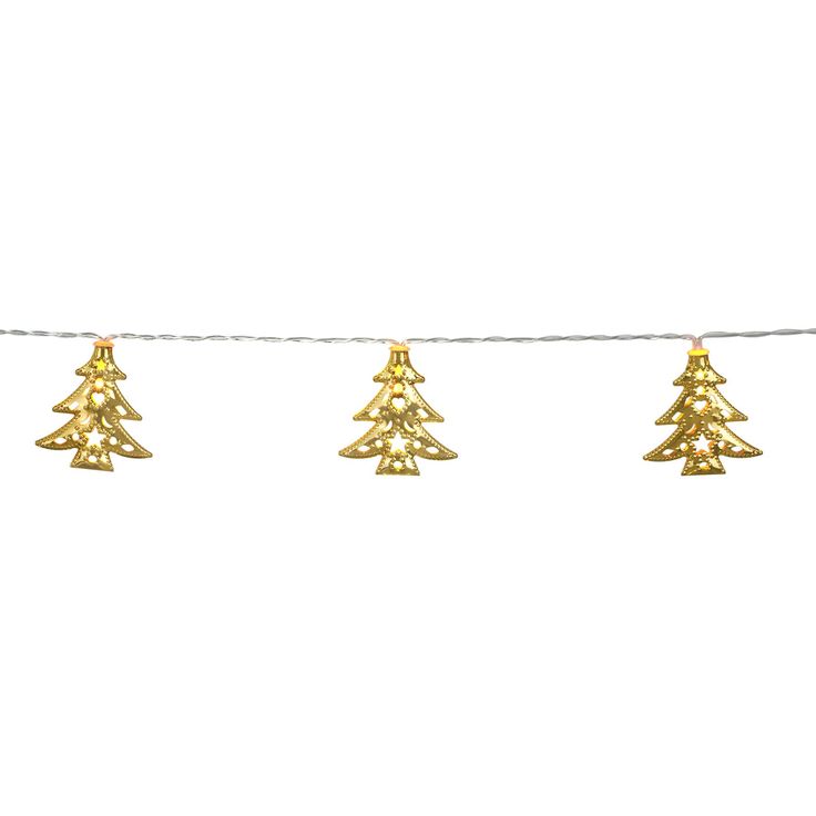 three gold christmas trees are hanging on a string