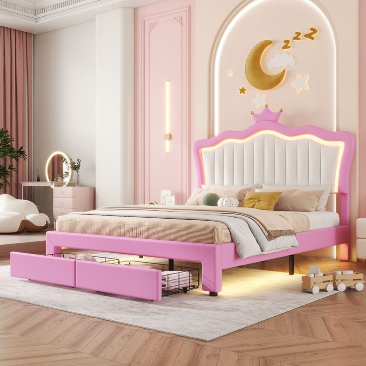 a bedroom with pink and white furniture in the corner, including a bed that has drawers underneath it