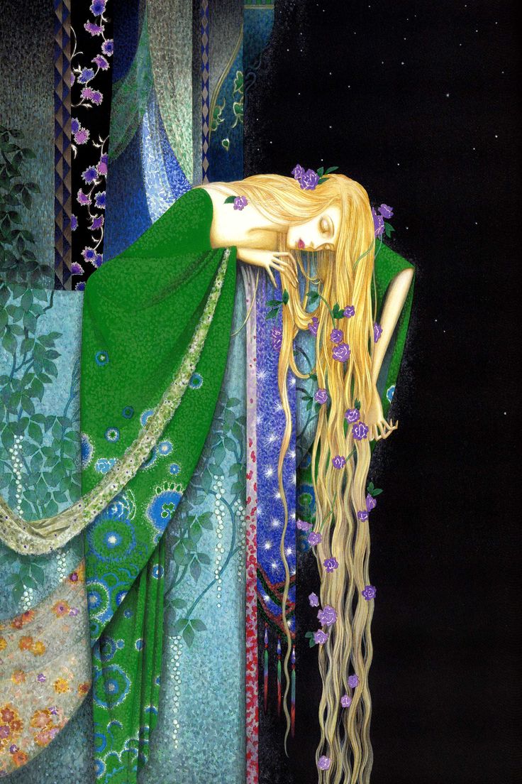 a painting of a woman with long blonde hair and green dress holding her head down