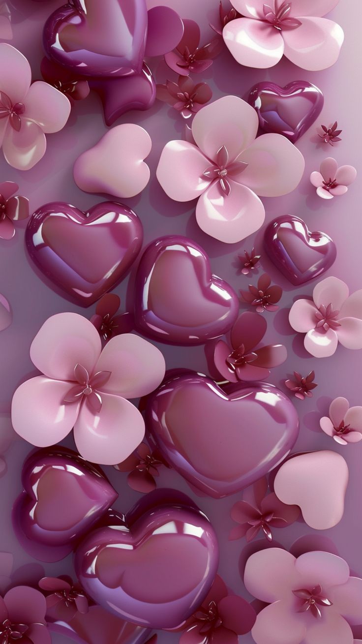 hearts and flowers are floating in the air on a purple background with pink petals around them