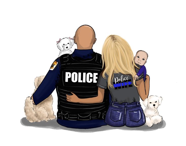 a police officer sitting on the lap of a woman holding a baby and two white puppies