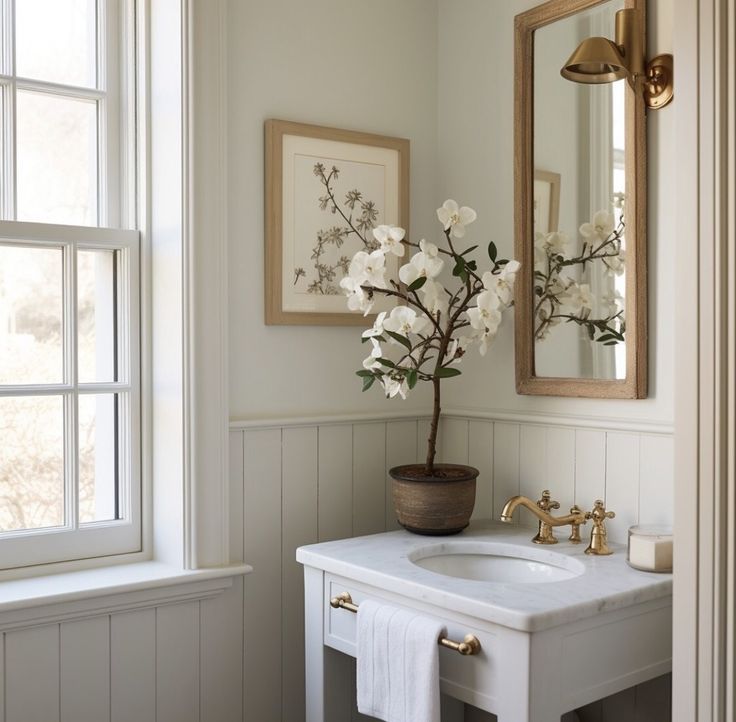 a white sink sitting under a bathroom mirror next to a vase with flowers on it