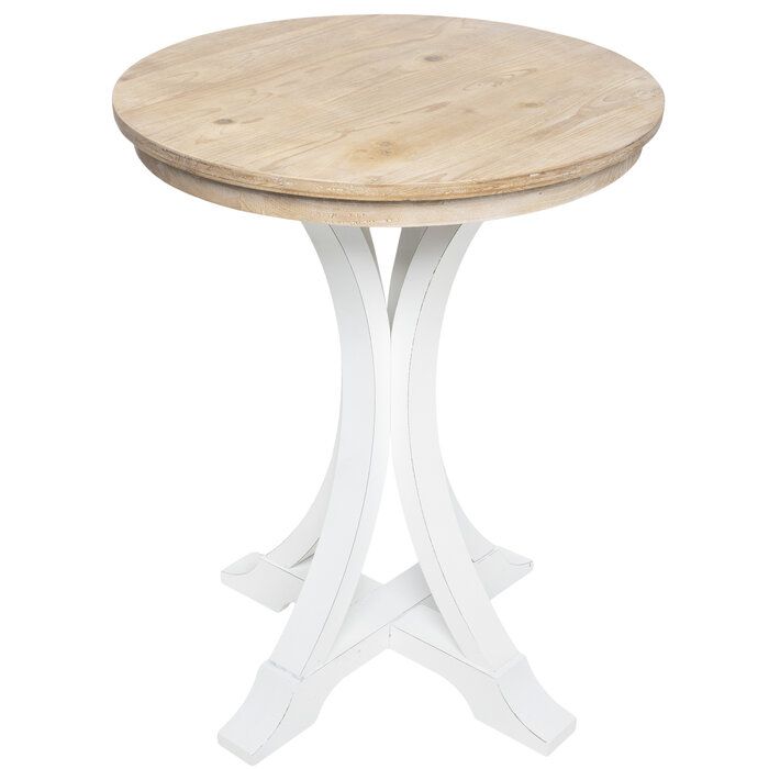 a round wooden table with white legs and a wood top on an isolated pedestal, against a white background