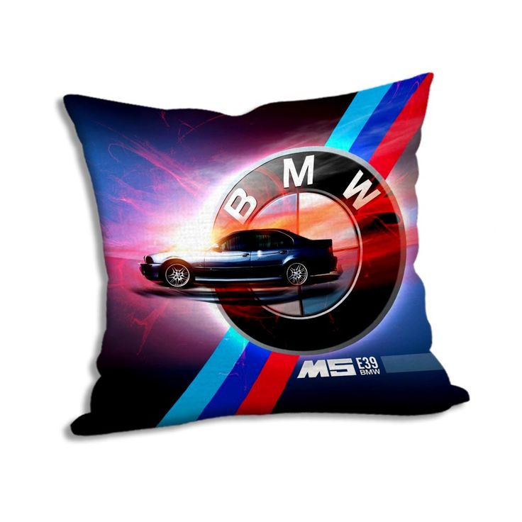 the bmw logo on a pillow with an image of a car in the middle of it