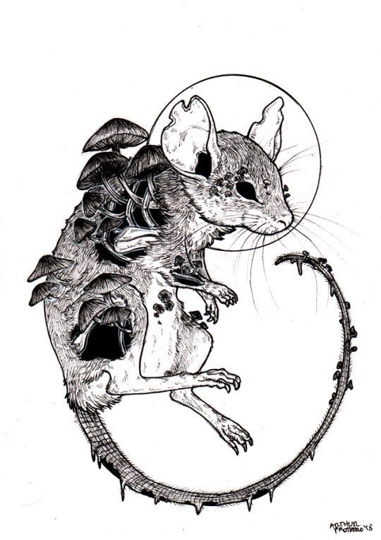 a drawing of a mouse with leaves on it's back and the tail hanging down