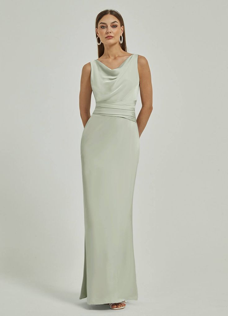 Sage Green Satin Backless Sheath bridesmaid dresses NZ Bridal EB30521 Ruth a Aw Bridal Bridesmaid, Bridesmaid Maxi Dress, Spring Green Bridesmaid Dresses, Cowl Neck Dress With Sleeves, Blue Green Wedding Colors, Cowl Neck Wedding Dress, Silk Bridesmaid Dress, Sheath Bridesmaid Dress, Green Satin Bridesmaid Dresses