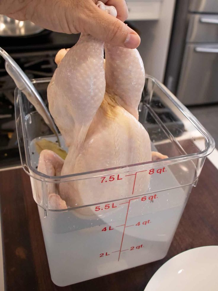 a person holding a chicken in a measuring cup