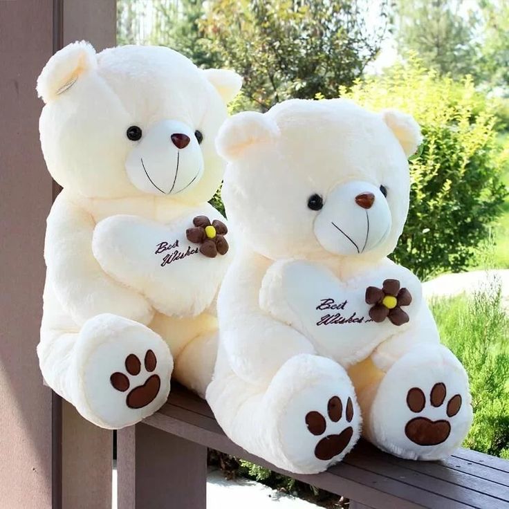 two white teddy bears sitting on top of a wooden bench