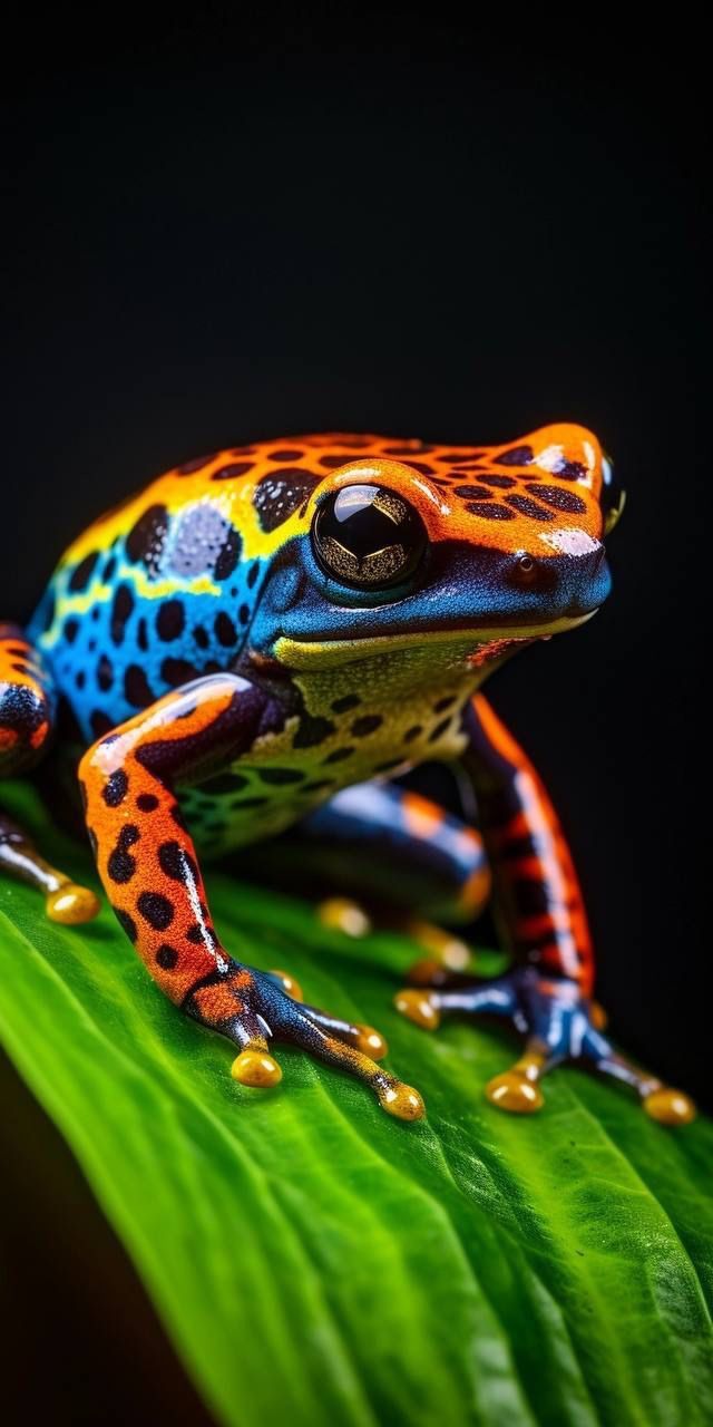 a colorful frog sitting on top of a green leaf