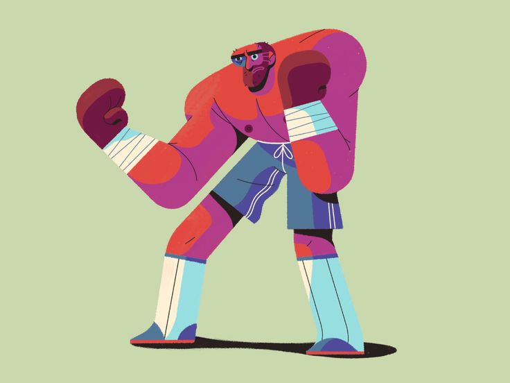 an illustration of a man in purple and blue boxing gear, with one foot on the ground