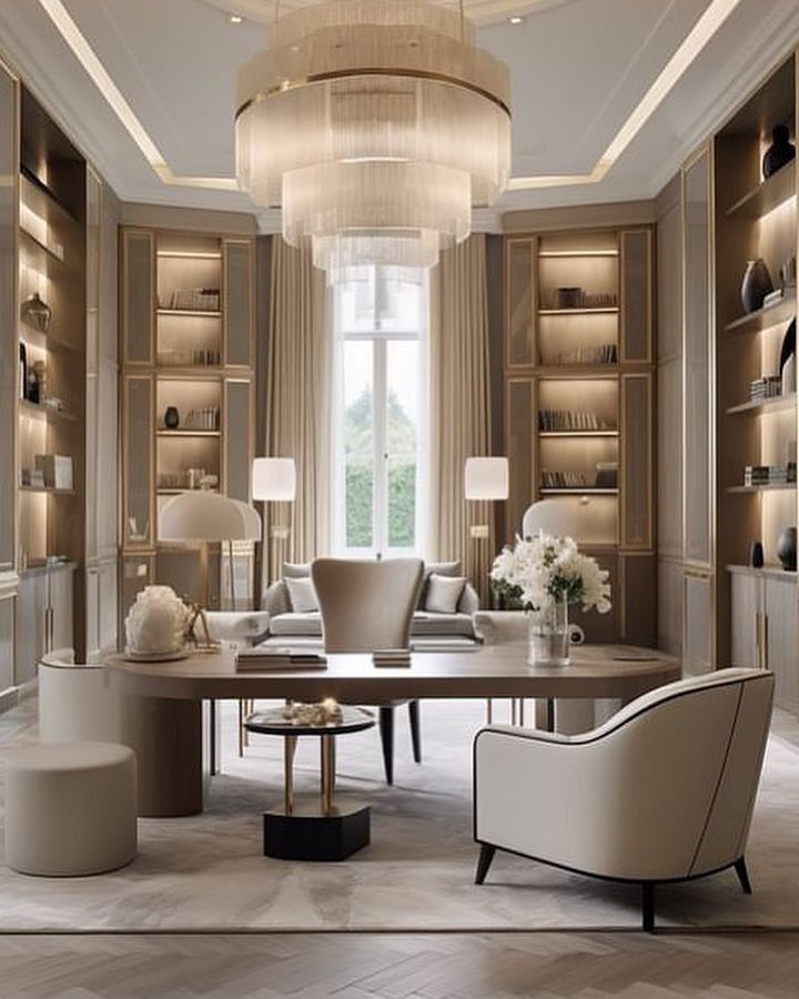 a living room filled with furniture and lots of shelves full of books on top of them