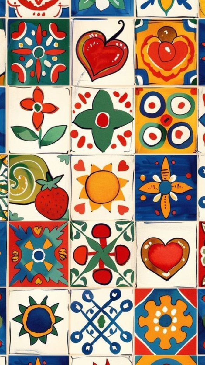 colorful tiles with hearts, flowers and other things on them are arranged in the same pattern