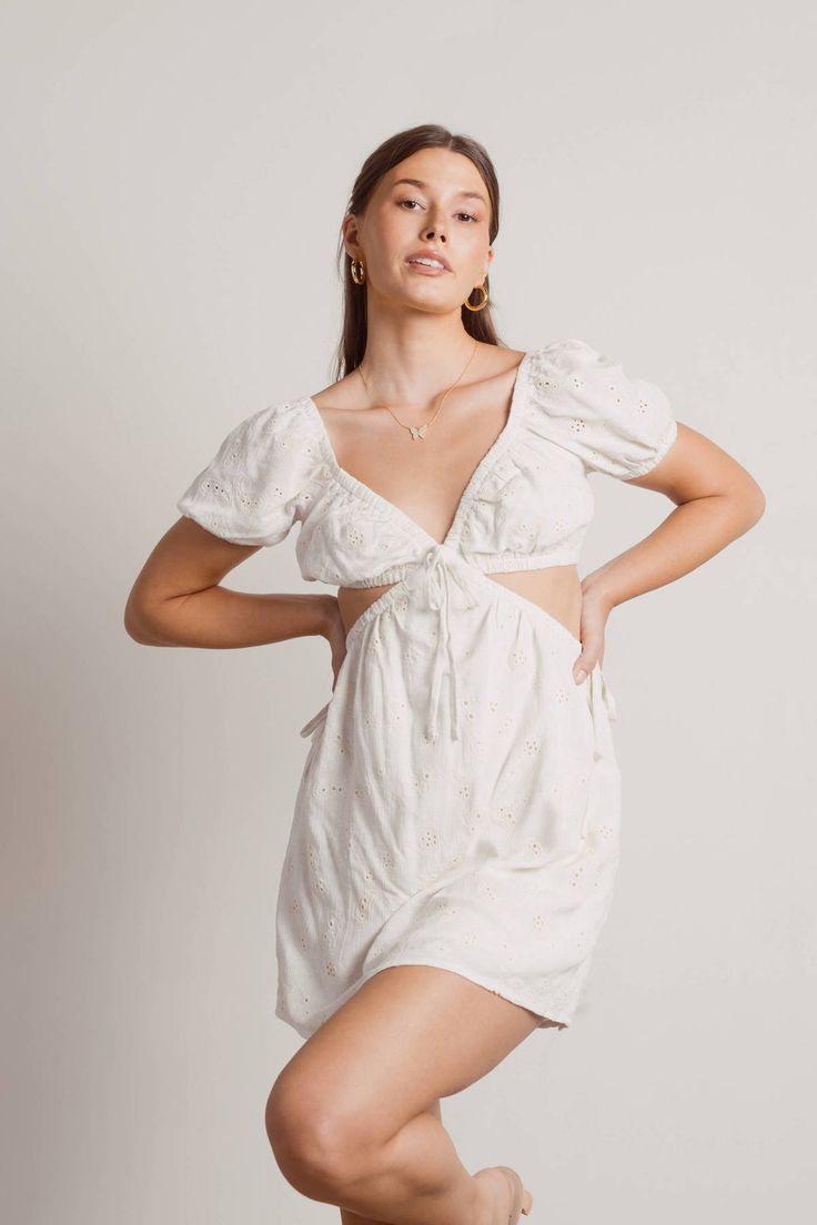 Sunny Fields White Eyelet Cut Out Dress White Lace Dress Long, Summer Dresses With Sleeves, Cheap Summer Dresses, White Homecoming Dresses, Babydoll Mini Dress, White Summer Dress, Long White Dress, Boho Chic Outfits, Cotton Dress Summer