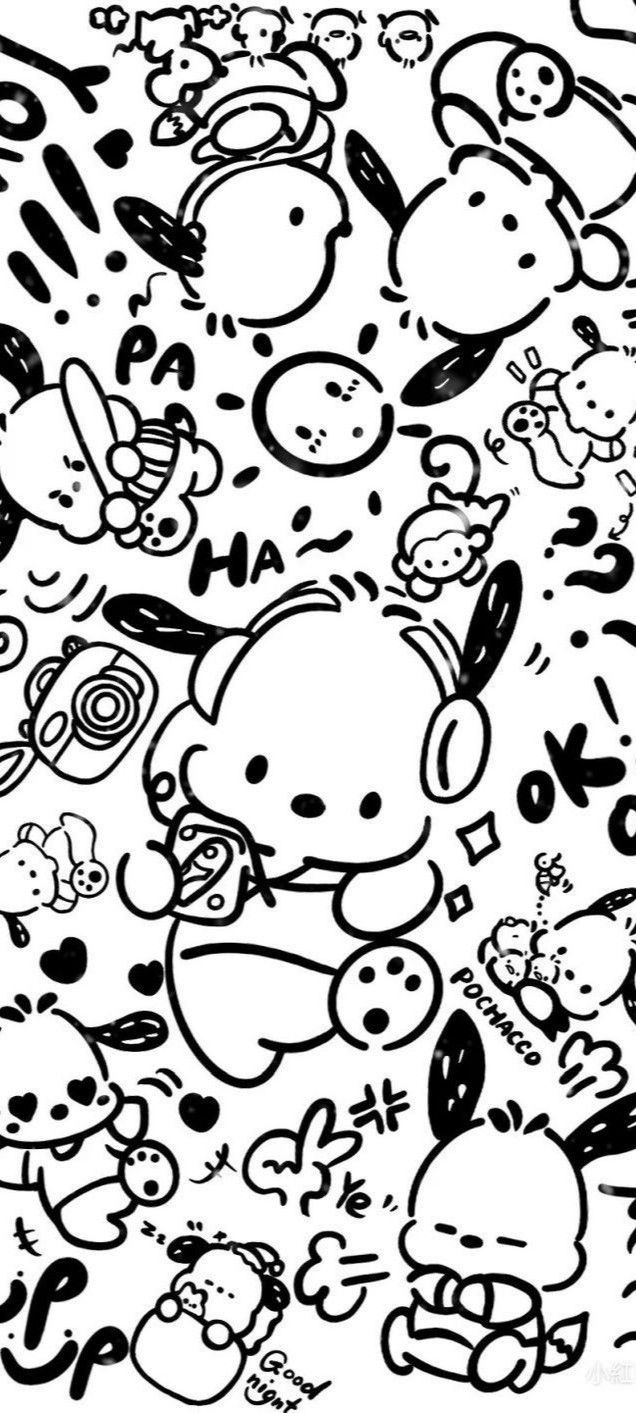 black and white drawing of many cartoon characters