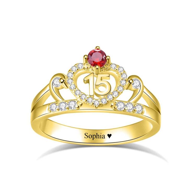 PRICES MAY VARY. Material: It is made of 925 Sterling Silver. DESIGN: Customized sweet 15 crown ring with birthstone. Engrave name or text on the ring band. It is a special 15th birthday birthstone name ring for women. SIZE: All sizes are in US sizing. Ring’s size is from size 5 to 14. It is a easy way to measure your finger size that wrap your finger by a string, then measure the string length to make sure your finger size. GIFT: It is ideal for customizing as a gift for your mother, wife, girl Gold Rings With Accent Stones For Birthday, Personalized Gold Birthstone Ring For Birthday, Gold Birthstone Ring For Mother's Day Birthday, Gold Birthstone Ring For Birthday And Mother's Day, Sweet 16 Rings, Sweet 16 Crowns, Crown Rings, Sweet 16 Party Decorations, Quinceanera Jewelry