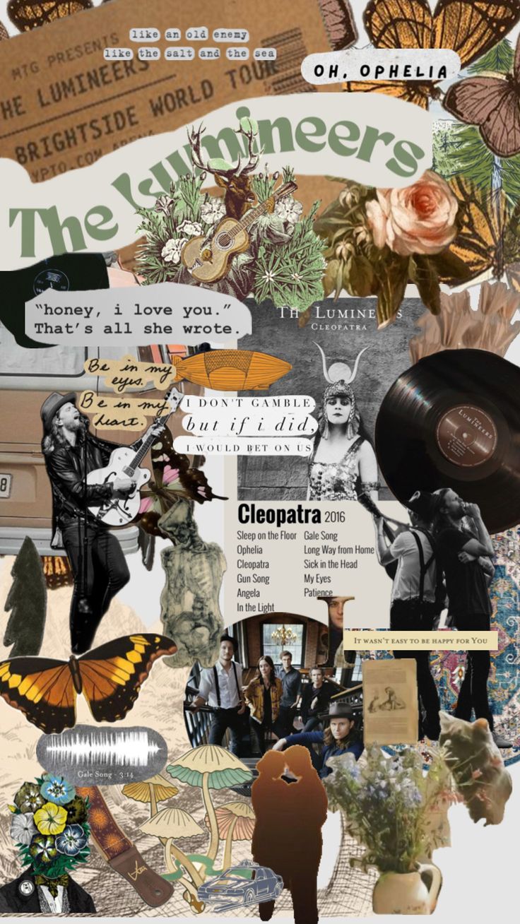 collage with various images and words about the same person, including an old record player