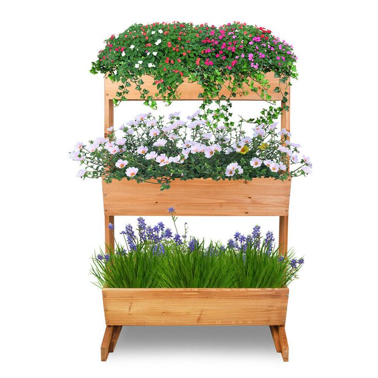 three tiered wooden planter with flowers and plants growing in it on top of each other