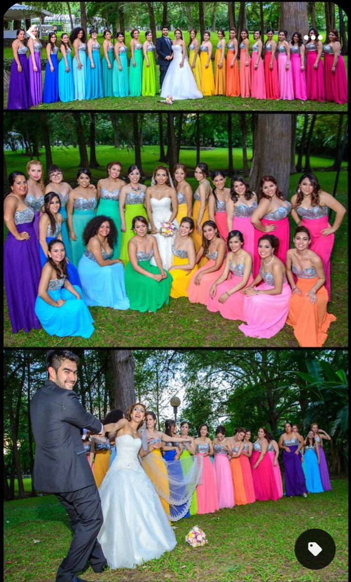 several different pictures of people dressed in colorful dresses and tuxedos posing for the camera