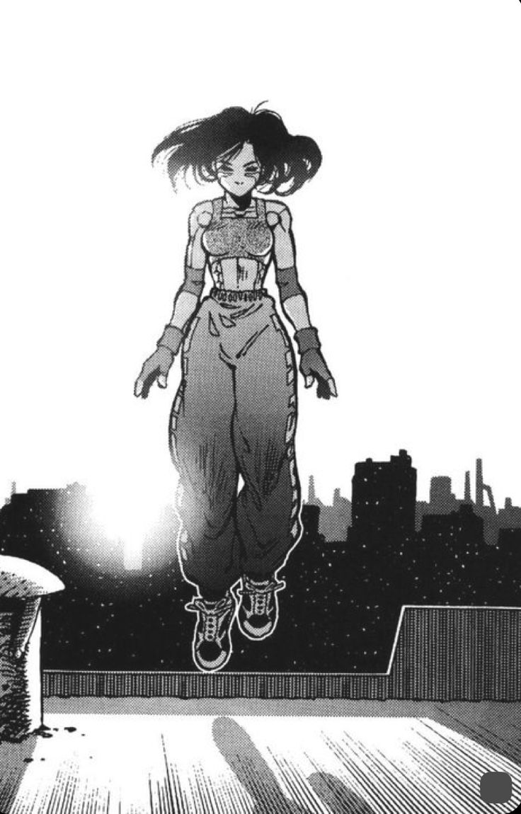 a woman flying through the air while standing on top of a roof in front of a city