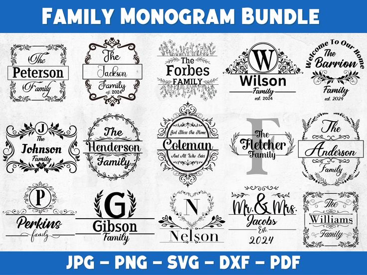 the family monogram bundle is shown in black and white, with different font styles